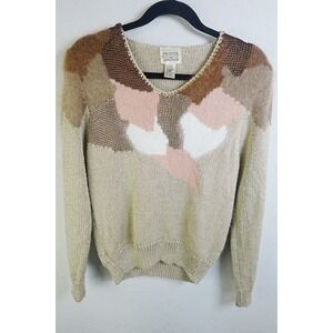 Vintage Petite Sophisticate Sweater Small Beige Colorblock Angora‎ Blend 80s